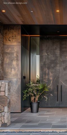 a potted plant sitting on the side of a stone wall next to a door