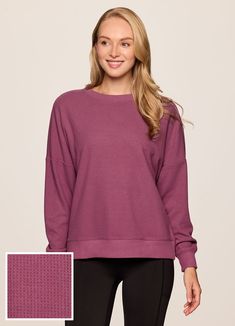 Dusty Rose Fall Layering Waffle Knit Sweatshirt, Fall Waffle Knit Sweatshirt For Layering, Cozy Waffle Knit Tops With Relaxed Fit, Cozy Solid Color Waffle Knit Tops, Cozy Waffle Knit Top With Relaxed Fit, Cozy Waffle Knit Top, Oversized Waffle Knit Tops With Crew Neck, Oversized Waffle Knit Crew Neck Tops, Oversized Waffle Knit Crew Neck Sweater