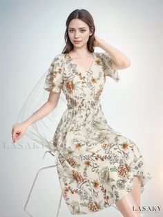 Lasaky - Chic Floral Print Shirred Waist Dress with V-Neck Flutter Sleeves - Womens Vacation Attire Spring Vacation V-neck Dress With Flutter Sleeves, Beige Chiffon V-neck Dress, Flowy V-neck Dress With Short Sleeves For Spring, Beige V-neck Chiffon Dress, Beige V-neck Maxi Dress For Garden Party, Summer V-neck Short Sleeve Chiffon Dress, Summer V-neck Chiffon Dress With Short Sleeves, Feminine Spring Midi Dress With Butterfly Sleeves, Spring Feminine Midi Dress With Butterfly Sleeves