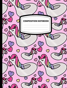 a pink notebook with hearts and unicorns on it, the cover has a white strip that says composition notebook