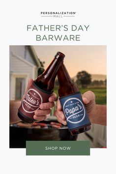 two people holding beer bottles in their hands with the caption father's day barware