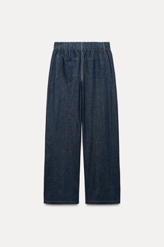 FLOWY FAUX DENIM PANTS - Navy blue | ZARA United States Zara Straight Leg Denim Pants, Zara High-waisted Jeans, Denim Pants With Elastic Waistband For Streetwear, Zara Tapered Leg Jeans With Pockets, Zara Wide Leg Denim Blue Bottoms, Zara Dark Wash Straight Leg Bottoms, Zara Straight Leg Dark Wash Bottoms, Denim Blue Jeans With Elastic Waistband, Utility Denim Pants With Elastic Waistband