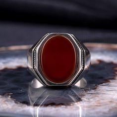 Classic Red Agate Jewelry, Silver Carnelian Signet Ring With Polished Finish, Classic Agate Signet Ring With Polished Finish, Classic Agate Signet Ring For Formal Occasions, Silver Agate Signet Ring With Polished Finish, Silver For Men, Silver Handmade Jewelry, Octagon Shape, Signet Rings