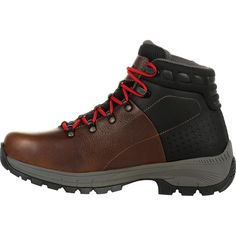 The men's Georgia Boot Eagle Trail collection combines lightweight construction with supreme comfort creating a hiker style work boot perfect for light indoor and outdoor industrial applications.The upper on this 6-inch protective toe boot features the incredibly tough and abrasion resistant SPR™ leather, dual functioning hardware, and a molded collar for added comfort. It comes with a pair of red and a pair of black laces.The alloy toe is Ergo-Fit. It allows your toes more wiggle room while sti Slip-resistant High-top Waterproof Boots For Adventure, Rugged Lace-up Impact Resistant Hiking Boots, Slip-resistant Moc Toe Hiking Boots For Walking, Impact Resistant Leather Lace-up Hiking Boots, Slip-resistant Lace-up Hiking Boots For Adventure, Functional Steel Toe Work Boots For Outdoor Activities, Functional Impact Resistant Outdoor Work Boots, Gore-tex Hiking Boots Impact Resistant For Outdoor Work, Rugged Gore-tex Slip-resistant Hiking Boots