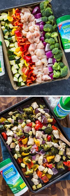 two pictures showing different types of vegetables and meats in pans on a table