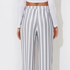 Tie Waist Belted Cigarette Trousers Striped Pants Striped Wide Leg Ankle-length Pants With Elastic Waistband, Wide Leg Ankle-length Pants With Vertical Stripes For Spring, Striped Wide-leg Pants For Day Out, Spring Wide Leg Pants With Vertical Stripes, Ankle-length, Spring Ankle-length Wide Leg Pants With Vertical Stripes, Chic Striped Pants With Elastic Waistband, Chic Striped Bottoms With Elastic Waistband, Trendy Wide Leg Bottoms With Vertical Stripes, Chic Striped High-waisted Wide Leg Pants