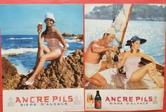 two pictures of people in bathing suits sitting on rocks near the ocean and one is holding a beer