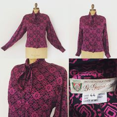 One of a kind gorgeous Gucci vintage silk blouse with neck bow/tie. In excellent condition! Great color and pattern! Measurements taken flat: 17" across shoulders 22" length 24 1/4" sleeve 21" across back/chest under arms Neck Bow Tie, Gucci Shop, Rayon Blouse, Gucci Vintage, Neck Bow, Vintage Couture, Vintage Glam, Peasant Blouse, White Silk