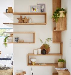 a living room filled with lots of wooden shelves next to a wall mounted planter