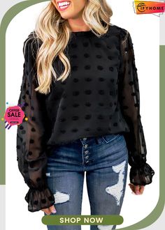 Black Polka Dot Lantern Sleeve Mesh Splicing Blouse Polka Dot Swiss Dot Tops For Fall, Fall Party Blouse With Swiss Dot Details, Black Swiss Dot Blouse For Spring, Chic Black Swiss Dot Top, Lantern Sleeve, Black Polka Dot, Lantern Sleeves, Lanterns, Polka Dot