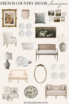 french country decor collage with white furniture and pictures