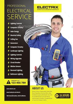 an electrician flyer with the words electrical service on it and a man in blue overalls