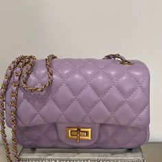 Quilted Lavender Leather Purse Handbag Crossbody With Chain 7.5”X5”X3” Classic Purple Evening Bag, Luxury Purple Clutch Shoulder Bag, Purple Leather Shoulder Bag With Chain Strap, Luxury Purple Rectangular Evening Bag, Luxury Purple Shoulder Bag With Chain Strap, Luxury Purple Shoulder Bag With Gold-tone Hardware, Formal Purple Shoulder Bag With Chain Strap, Purple Chain Strap Shoulder Bag For Formal Occasions, Purple Rectangular Shoulder Bag With Gold-tone Hardware