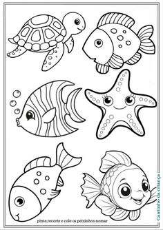 an ocean scene with fish and starfishs coloring page for kids to print out