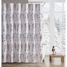 the shower curtain is decorated with christmas decorations