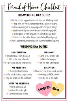 the wedding checklist for brides and grooms is shown in pink, yellow, and