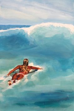 a painting of a woman on a surfboard riding a wave in the ocean,