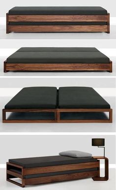 the bed frame is made from wood and black leather