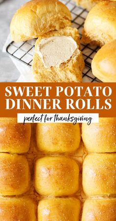 sweet potato dinner rolls on a cooling rack with the words sweet potato dinner rolls over it