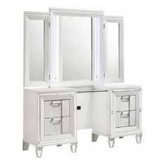 two white mirrored cabinets with drawers and mirrors