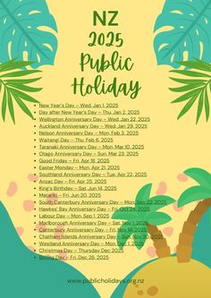 a poster with palm trees and the words new year's public holidays on it