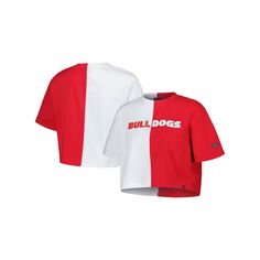 Represent your beloved Georgia Bulldogs with the Hype and Vice Red/White Georgia Bulldogs Color Block Brandy Cropped T-Shirt. This stylish tee features a crew neck, cropped hem with side splits, and bold screen print graphics that proudly display your Georgia Bulldogs pride. Made from a comfortable cotton and spandex blend, this cropped t-shirt is perfect for game day or any day you want to show your support for the Georgia Bulldogs.Represent your beloved Georgia Bulldogs with the Hype and Vice Red Cotton Top For Game Day, Red Collegiate Cotton Top, Collegiate Cotton Tops In University Red, White Cotton Fan Apparel Tops, Red Cotton Tops For Team Spirit, Side Splits, Cropped T Shirt, Georgia Bulldogs, The Hype