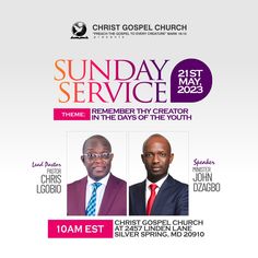 the flyer for sunday service with two men in suits