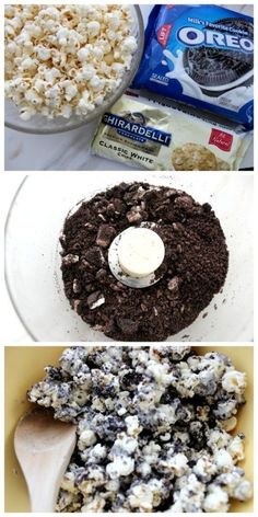 the process for making chocolate popcorn is shown in three different pictures, including one with marshmallows and another with oreo chips