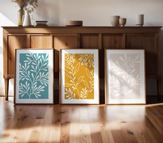 three framed art prints sitting on top of a wooden floor