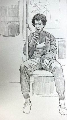 a drawing of a person sitting on a bus