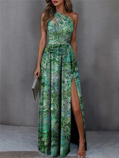 Women's Casual Dress Swing Dress Floral Split Print One Shoulder Long Dress Maxi Dress Streetwear Maxi Street Date Sleeveless Regular Fit Green Summer Spring S M L XL XXL 2024 - $28.99 Woman Dress Long, Party Wear Dresses Usa, Beautiful Summer Dresses Maxi, Chic Chiffon Dress, Green Dresses For Vacation, Dresses For A Size 10, Hawian Wedding Guest Dress, Formal Dresses Long Elegant Glamour Spring Summer, Cute Summer Dresses For Women Classy Chic