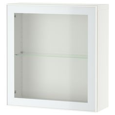 an empty white cabinet with glass shelves on the front and back sides, isolated against a white background