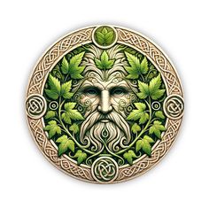 a green man's face surrounded by leaves and ivys in a circular frame