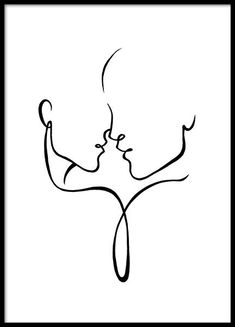 a black and white drawing of two people kissing