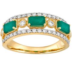 Elegant emerald cut emerald and diamond ring is beautifully crafted in 14K yellow gold. This bold and sophisticated ring has a luxurious look, instantly makes a statement and pop of color. Its versatility is endless, wear it as a right-hand or left-hand ring. A great choice for an anniversary band ring. Emerald And Diamond Ring, Diamond Accent Ring, Hand Ring, Sam's Club, Rings Cool, Fine Jewels, Emerald Cut Diamonds, Anniversary Bands, Diamond Fashion