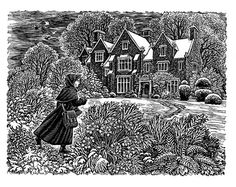 a black and white drawing of a woman walking in front of a house