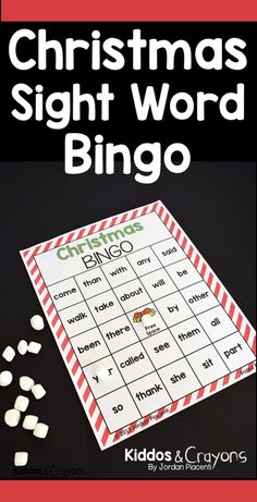 christmas sight word bingo game with marshmallows on the table and text overlay