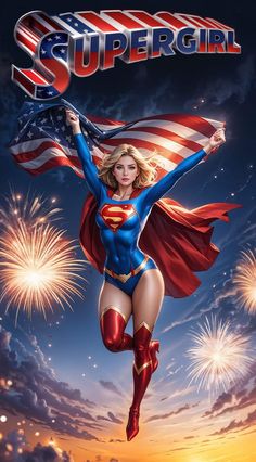 a woman flying through the air while holding an american flag in front of firework