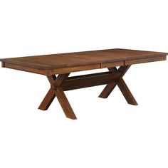 a wooden table with two crossed legs and a square top on an isolated white background