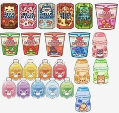 many different types of yogurt in plastic containers with cartoon characters on them and the words hello kitty