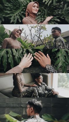 two people sitting in front of plants and one person reaching out to touch the other