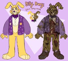 two cartoon rabbits dressed in costumes and one is wearing a purple shirt with an orange bow tie