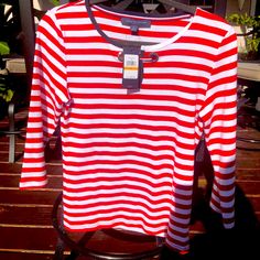 Tommy Hilfiger Striped Red And White Shirt Casual Red Tommy Hilfiger T-shirt, Tommy Hilfiger Red Long Sleeve Shirt, Tommy Hilfiger Spring Crew Neck Tops, Tommy Hilfiger Crew Neck Tops For Spring, Tommy Hilfiger Red Long Sleeve Top, Tommy Hilfiger Red Crew Neck Top, Tommy Hilfiger Striped Tops For Spring, Tommy Hilfiger Striped Tops For Summer, Summer Striped Tops By Tommy Hilfiger