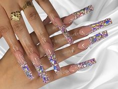 "Gorgeous, Diamond, Bling bling French Tip Press on Nails. High-Quality, Nail tech Press on Nails! Shape used in photo \"Xlong Square\" Video: Xlong coffin. ✨IMPORTANT: ♥ 𝐌𝐲 𝐬𝐢𝐳𝐞𝐬 may 𝐝𝐢𝐟𝐟𝐞𝐫 𝐟𝐫𝐨𝐦 𝐨𝐭𝐡𝐞𝐫 𝐬𝐡𝐨𝐩𝐬 so please use my measuring methods that are found below or in the listing pictures above as there are no returns or exchanges in the shop. If you have any questions, you can message me anytime! Thank you, Candy ♥ WHAT YOU'LL RECEIVE WITH YOUR ORDER *Complimentary P All Bling Nails, Long Blinged Out Nails, French Tip Diamond Nails, Blinged Out Birthday Nails, Long Pink Nail Designs, French Tips With Bling, Diamond French Tip Nails, Rhinestone French Tip Nails, Full Bling Nails