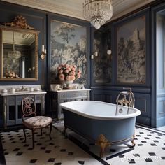 an ornate bathroom with blue walls and white tub in the center, black and white checkered floor