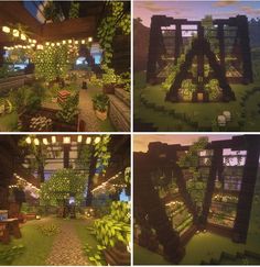 four different views of the inside of a building with plants growing out of it and lights on