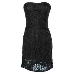 Fitted Strapless Lace Dress, Strapless Fitted Lace Dress, Lace Corset Dress With Lace Trim For Date Night, Strapless Lace Corset Dress With Lace Bodice, Elegant Strapless Lace Corset Dress, Black Sleeveless Lace Dress With Delicate Details, Elegant Lace Strapless Dress With Corset Back, Black Lace Bodice Corset Dress For Party, Black Corset Dress With Lace Bodice For Party