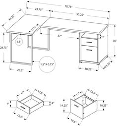 the drawing shows an office desk with two drawers and one file cabinet, as well as measurements