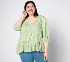 Not your boyfriend's Henley! This one features feminine flair thanks to a peplum design and pretty print. Still as comfy as his Henley, but this top can take you places the more casual style staple can't. From Denim & Co.® Fashions. Green Casual Peplum Top For Spring, Casual Green Peplum Top For Spring, Casual Floral Print Peplum Top, Casual Peplum Blouse, Casual Peplum Top, Peplum Design, Peplum Designs, Peplum Hem, Pretty Prints