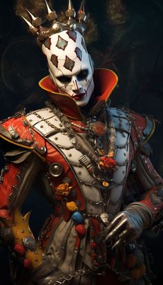 a man dressed up as a clown with lots of metal decorations on his face and chest